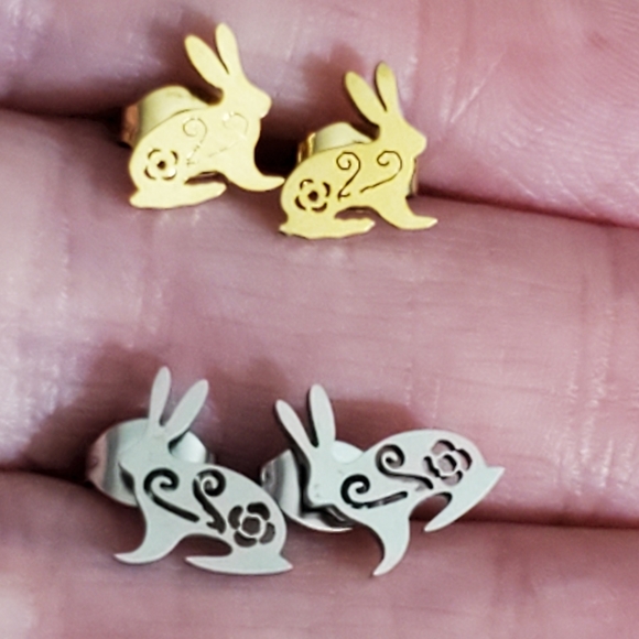 Bunny rabbit Stud earrings real gold stainless steel New Easter - Picture 4 of 9